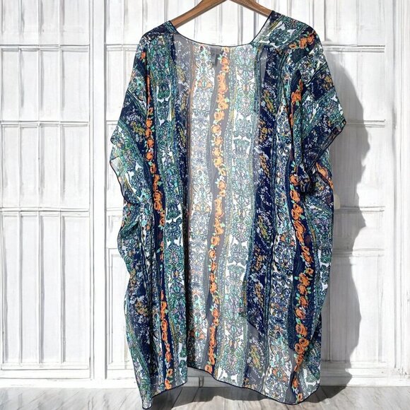 Band of Gypsies Short Sleeve Kimono Boho Paisley Floral Print Blue Orange Sm/Med - Picture 3 of 5